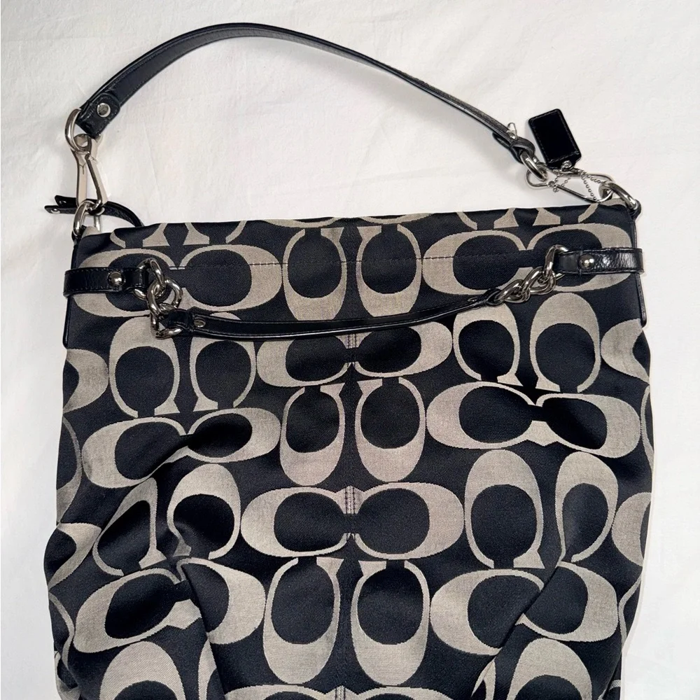 Coach Black & Gray Signature Canvas Hobo Shoulder Bag